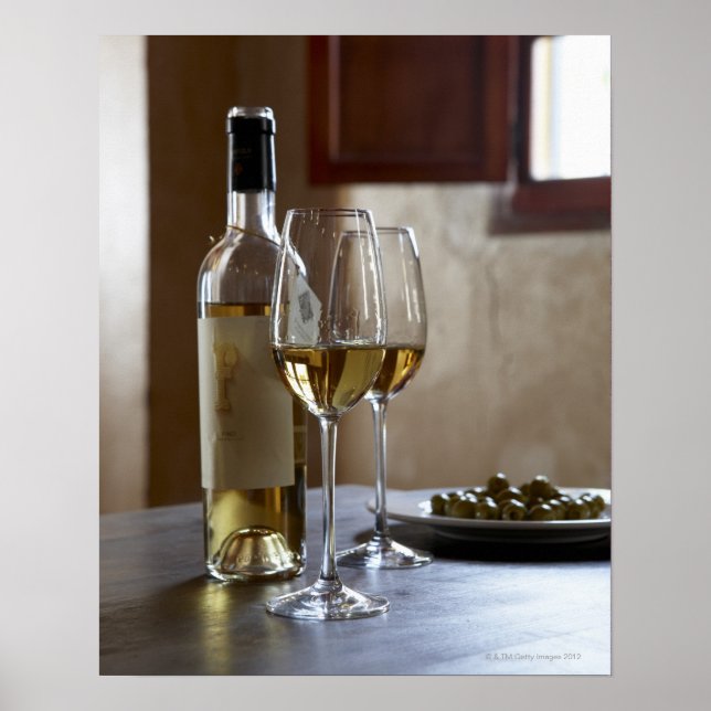 A table with bottle and two glasses of Spanish Poster (Front)