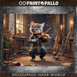 A talented victorian kitten playing fiddle tissue paper