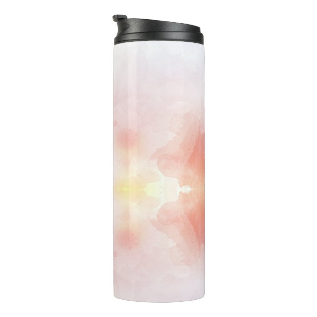 A tall, cylindrical travel mug with a black lid  (Rotated Right)