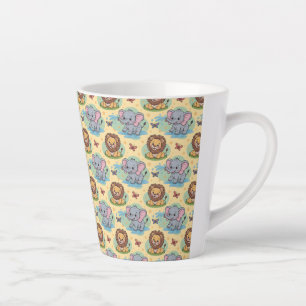 A tall white mug features a colourful pattern