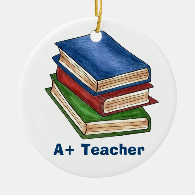 A+ Teacher Library Book Stack Teaching Librarian Ceramic Tree Decoration (Front)