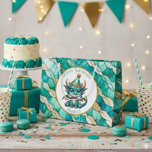 A Teal and Gold Dragon Personalised Boy's Birthday Large Gift Bag