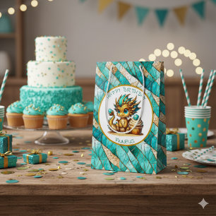 A Teal and Gold Dragon Personalised Boy's Birthday Medium Gift Bag