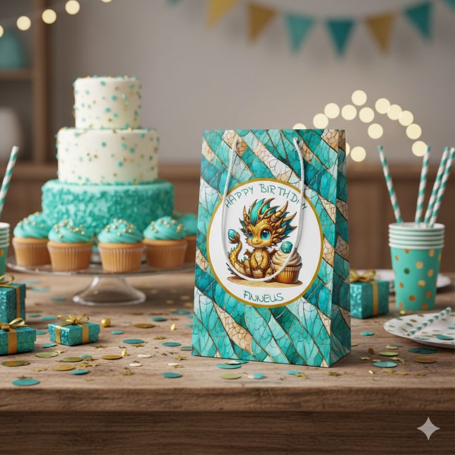 A Teal and Gold Dragon Personalised Boy's Birthday Medium Gift Bag (Creator Uploaded)