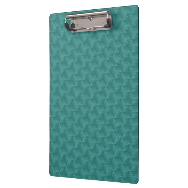 A teal clipboard with a 3D geometric pattern (Left)