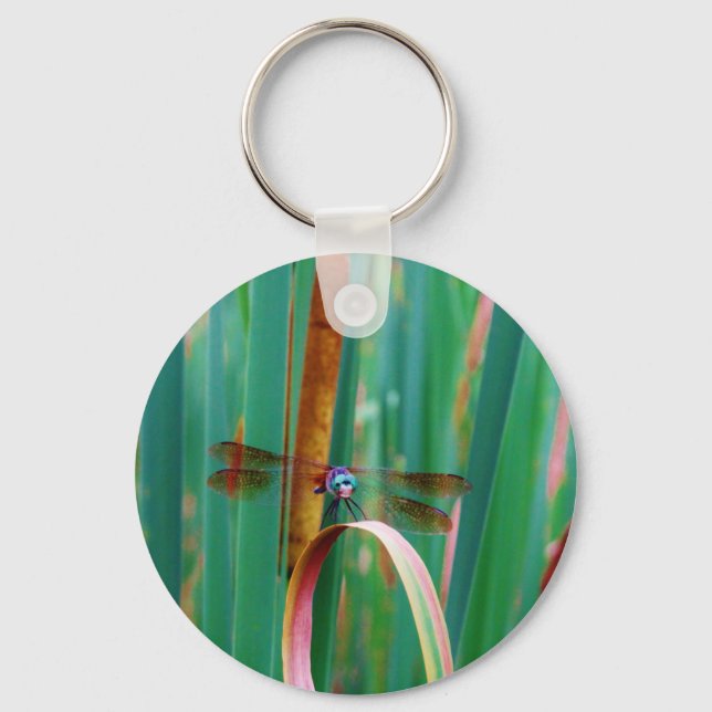 A teal Eyed Dragonfly with cattails Key Ring (Front)