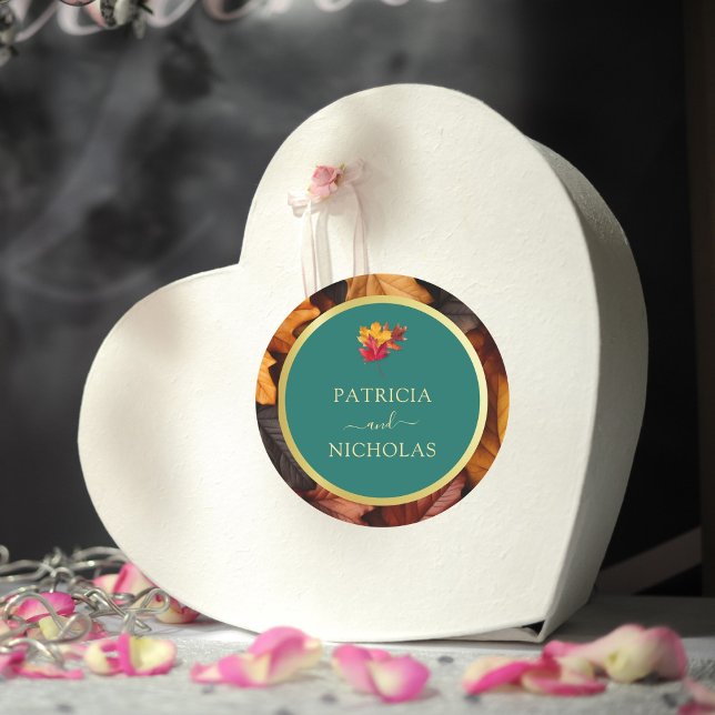 A Teal & Fall Fantasy Gold Rustic Reverie Wedding Classic Round Sticker (Creator Uploaded)