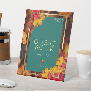A Teal & Fall Fantasy Gold Rustic Wedd Guest Book Pedestal Sign