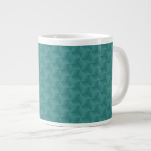 A teal mug features a geometric pattern
