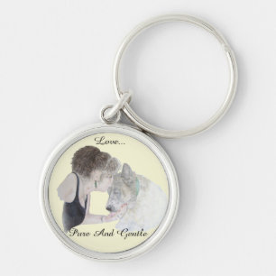 A tender loving drawing of girl kissing akita dog key ring