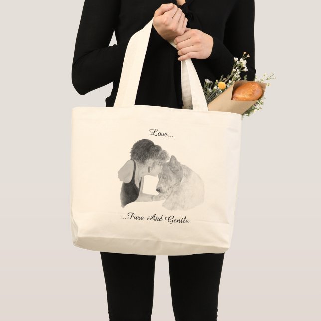 A tender loving drawing of girl kissing akita dog large tote bag (Front (Product))