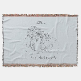 A tender loving drawing of girl kissing akita dog throw blanket
