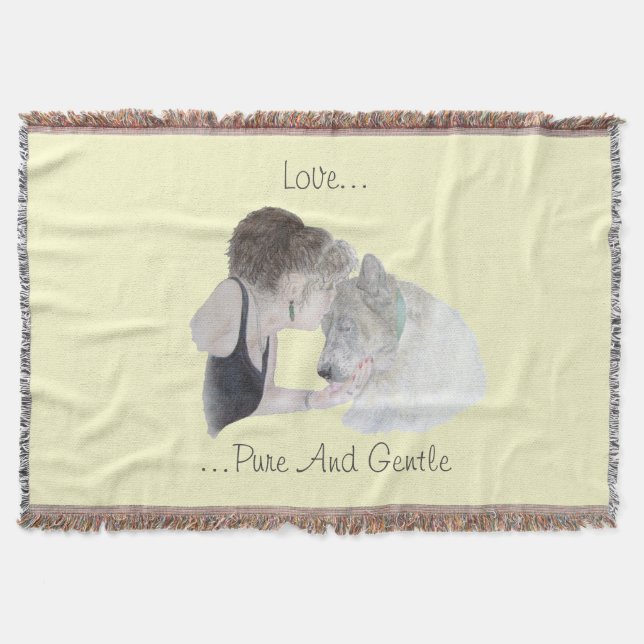 A tender loving drawing of girl kissing akita dog throw blanket (Front)