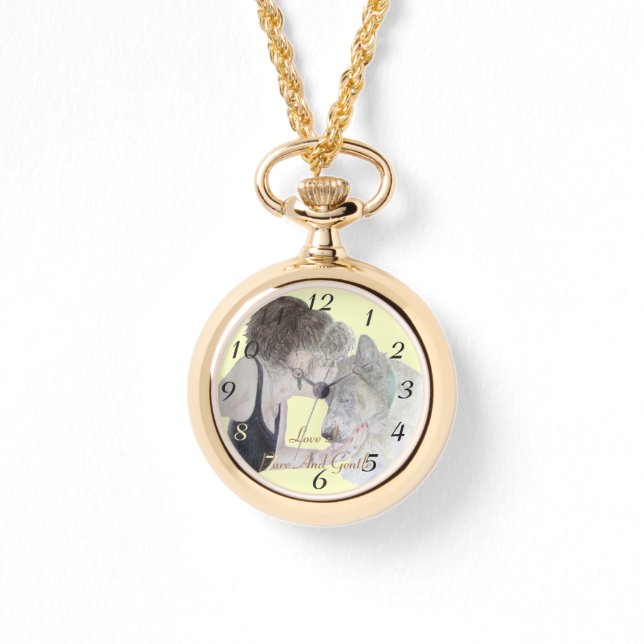 A tender loving drawing of girl kissing akita dog watch (Front)