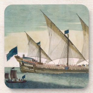 A three-masted Galleass under way by sail, oars sh Coaster