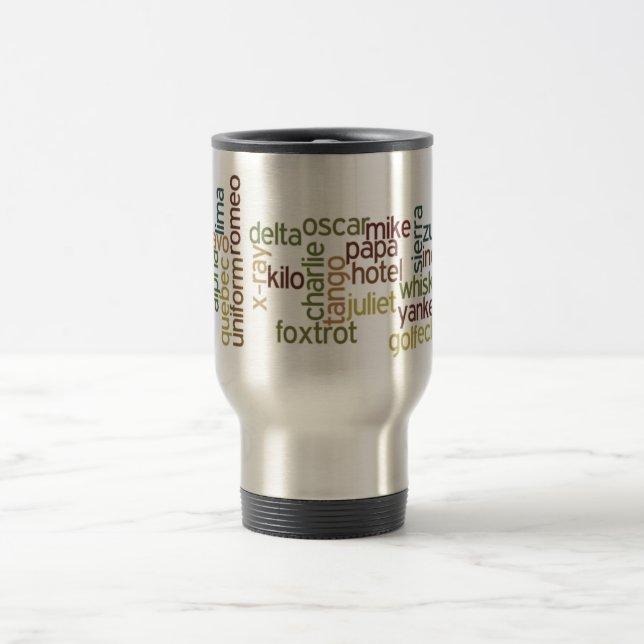 A Through Z Phonetic Alphabet Telephony (Wordle) Travel Mug (Center)