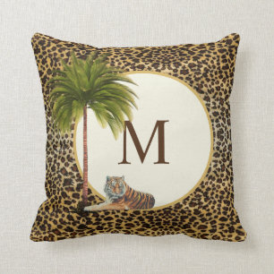A tiger on a leopard pattern background Monogram Cushion