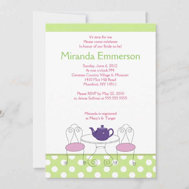 A Time for Tea Green Dot & Pink Bridal Shower 5x7 Invitation (Front)