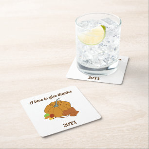 A time to give thanks pumpkin and leaf candy square paper coaster