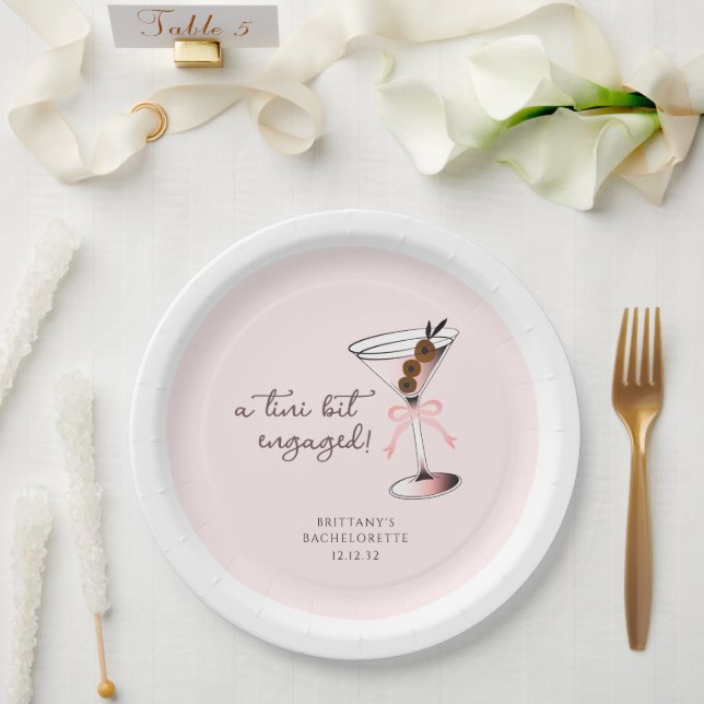 A tini bit engaged Martini Pink Bachelorette  Paper Plate (Wedding)