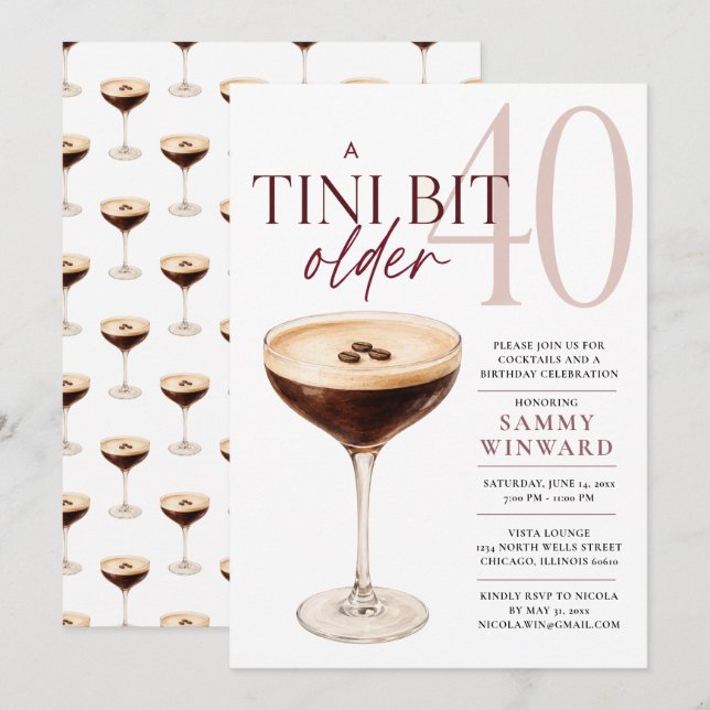 A Tini Bit Older 40th Birthday Cocktail Invitation (Front/Back)