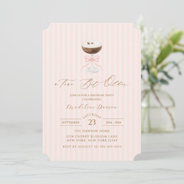 A Tini Bit Older Espresso Martini Striped Birthday Invitation (Standing Front)