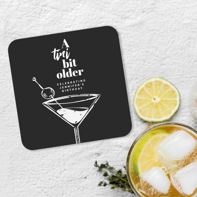 A Tini Bit Older Martini Birthday Party Black Square Paper Coaster (Creator Uploaded)