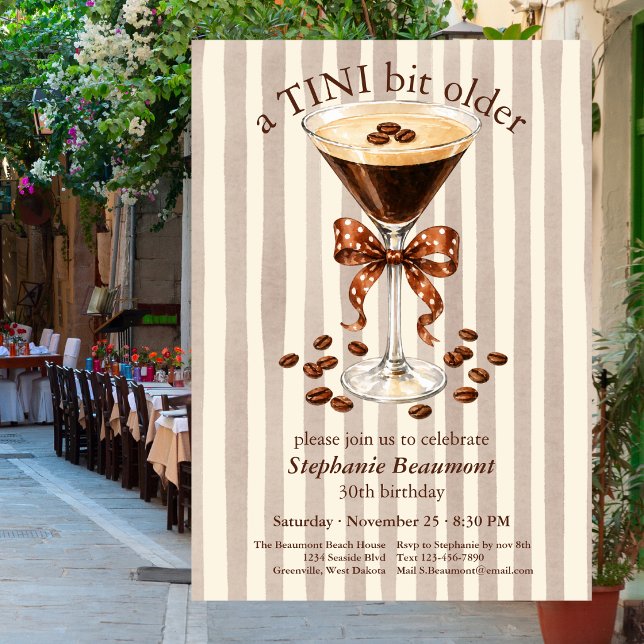 A Tini Bit Older Martini Espresso Stripes Bow 30th Invitation (Creator Uploaded)