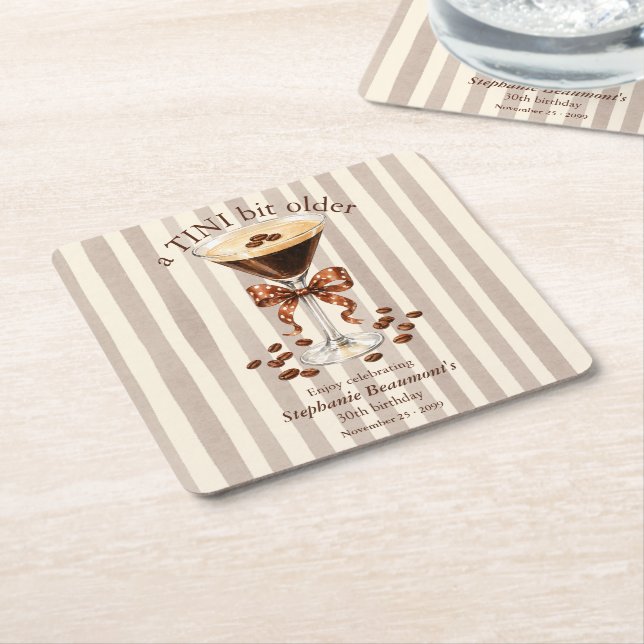 A Tini Bit Older Martini Espresso Stripes Bow 30th Square Paper Coaster (Angled)
