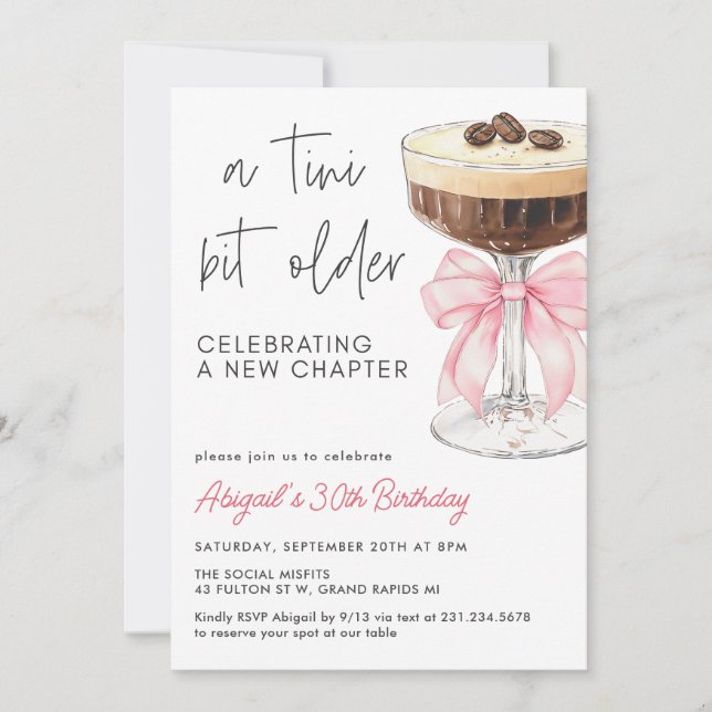 A Tini Bit Older - Pink Bow Espresso Martini Invitation (Front)