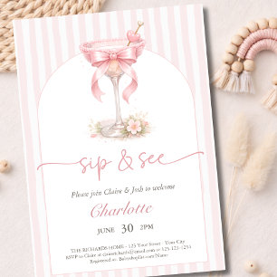 A Tini One Arched Pink Stripes Baby Sip And See Invitation