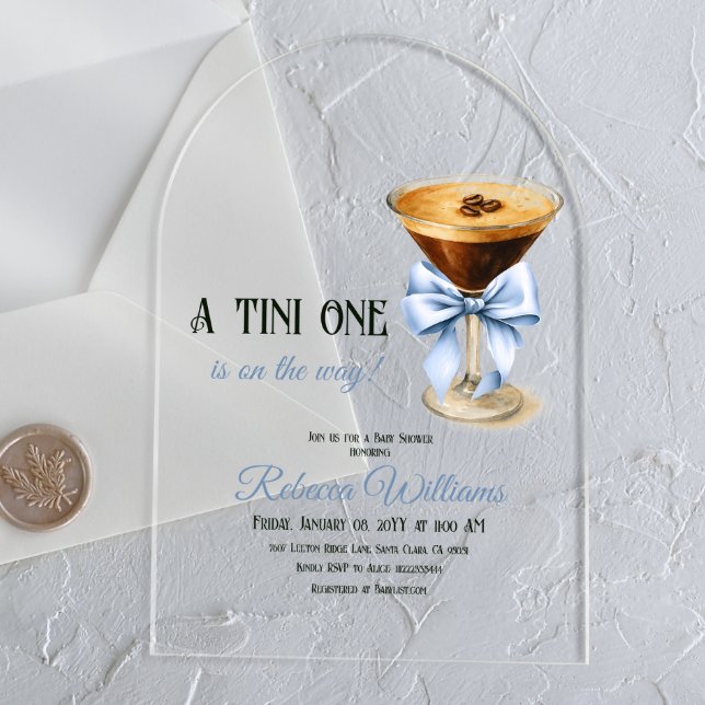 A Tini One Blue Bow Espresso Martini Baby Shower Acrylic Invitations (Creator Uploaded)