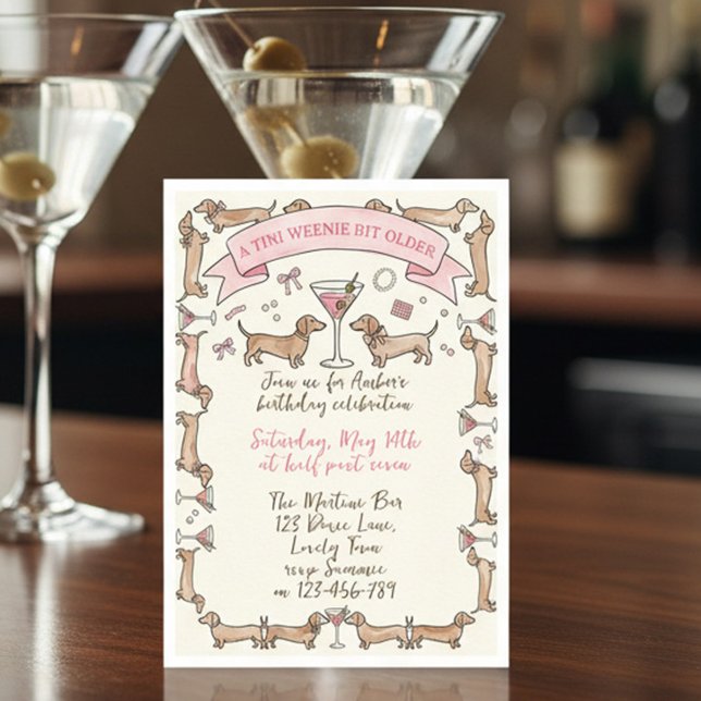 A Tini Weenie Bit Older Dachshund Martini Birthday Invitation (Tini Weenie Bit Older birthday invite with dachshund weiner dogs and martini glasses)