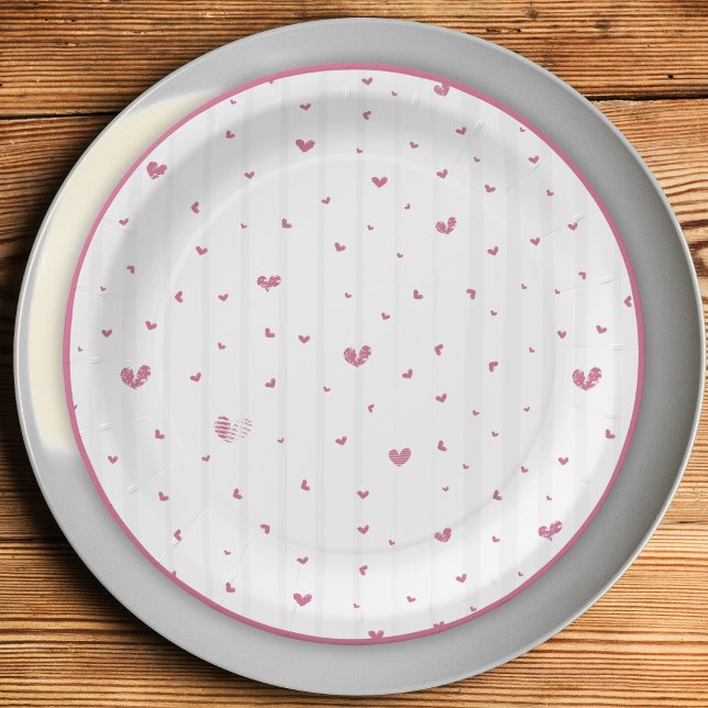 A Tiny Bit Engaged Pink Hearts Bridal Shower  Paper Plate (Creator Uploaded)