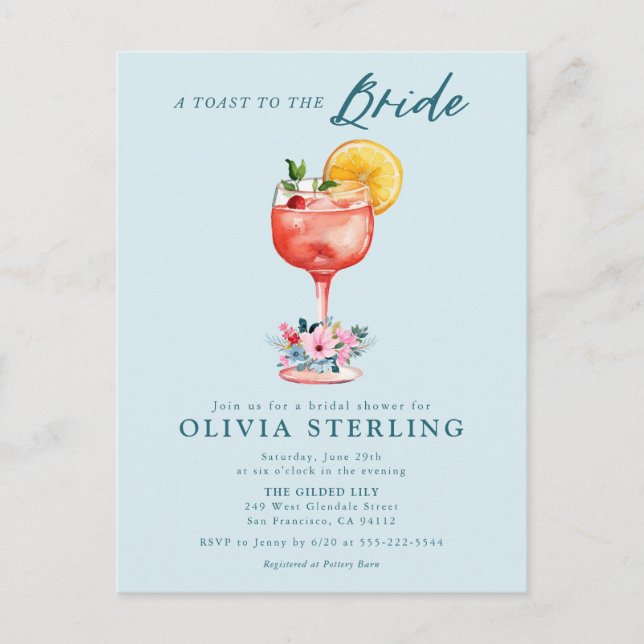 A Toast To The Bride Bridal Shower Invitation Postcard (Front)