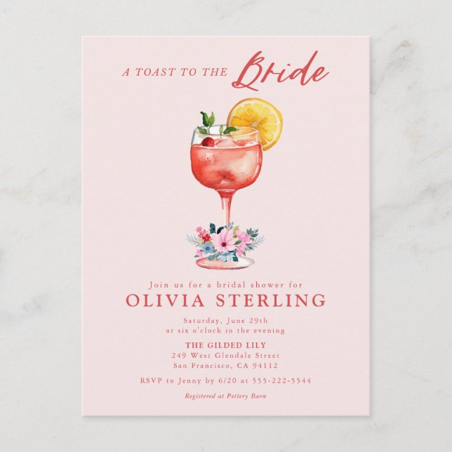 A Toast To The Bride Pink Bridal Shower Invitation Postcard (Front)
