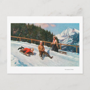 A Toboggan Sledding Scene Postcard