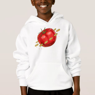 A tomato planet with pizzas surrounding him