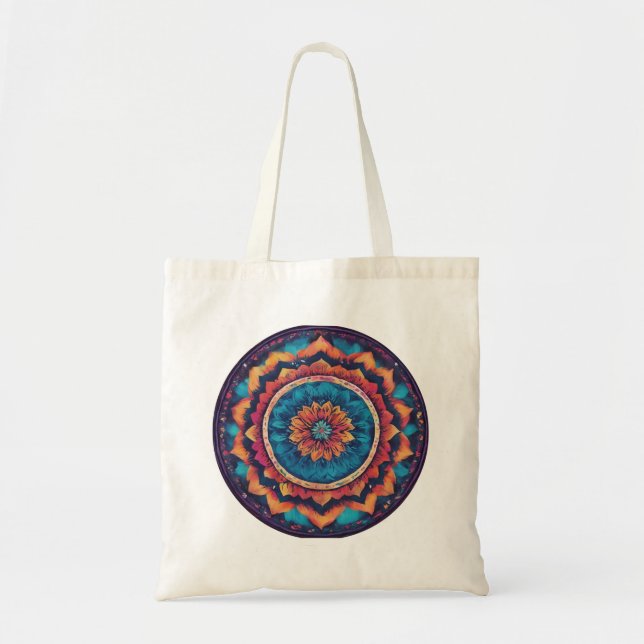 A tote bag with a bold, colourful mandala pattern (Front)