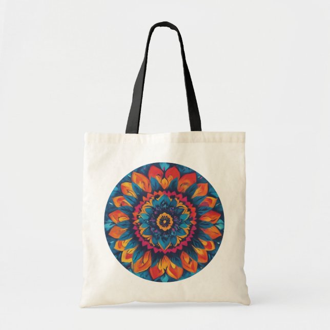 A tote bag with bold, colourful mandala patterns (Front)