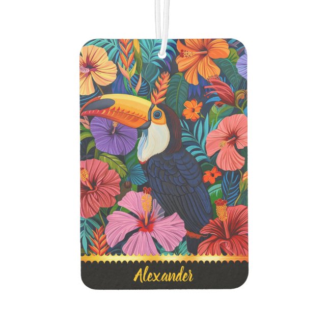 A toucan hides among colourful blossoms car air freshener (Back)