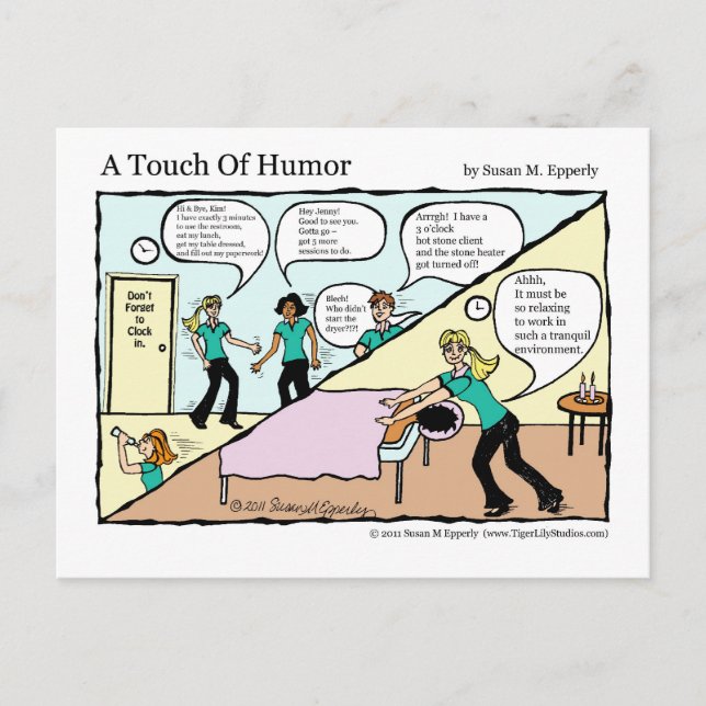 "A Touch of Humour" Spa Massage Behind the Scenes Postcard (Front)