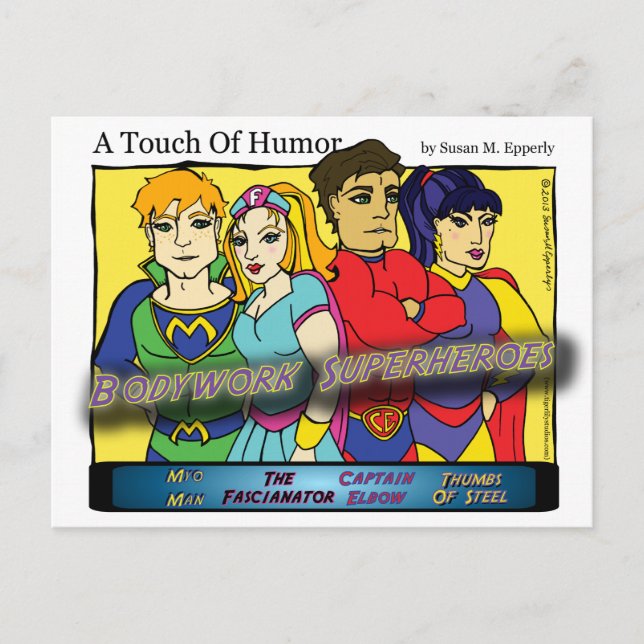 "A Touch of Humour" Super Massage Heroes Comic Postcard (Front)