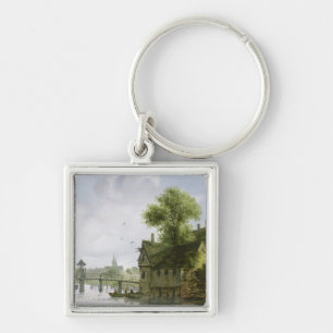 A Town on a river with a bridge Key Ring