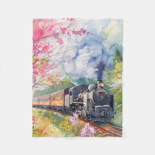 A Train in Springtime Fleece Blanket (Front)
