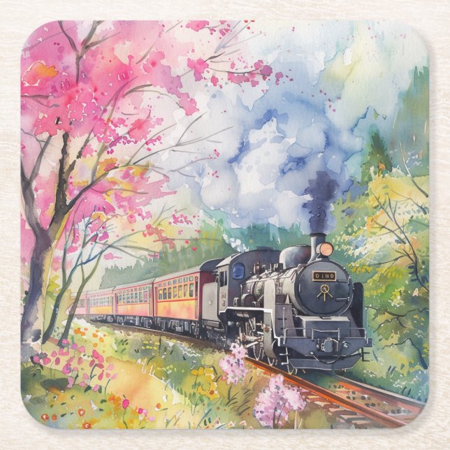 A Train in Springtime Square Paper Coaster (Front)