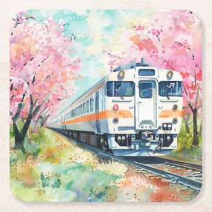 A Train in Springtime Square Paper Coaster