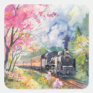 A Train in Springtime Square Sticker