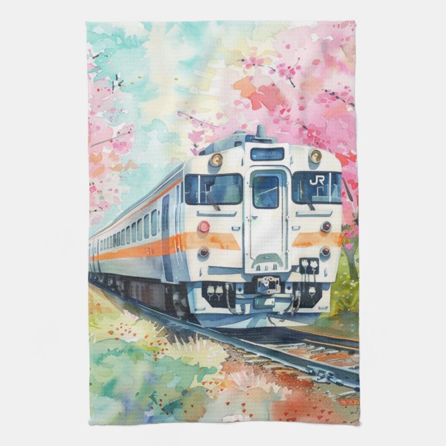 A Train in Springtime Tea Towel (Vertical)