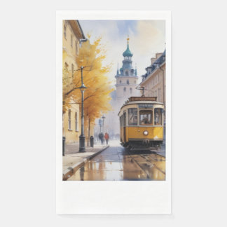 A tram rides along an autumn street napkin